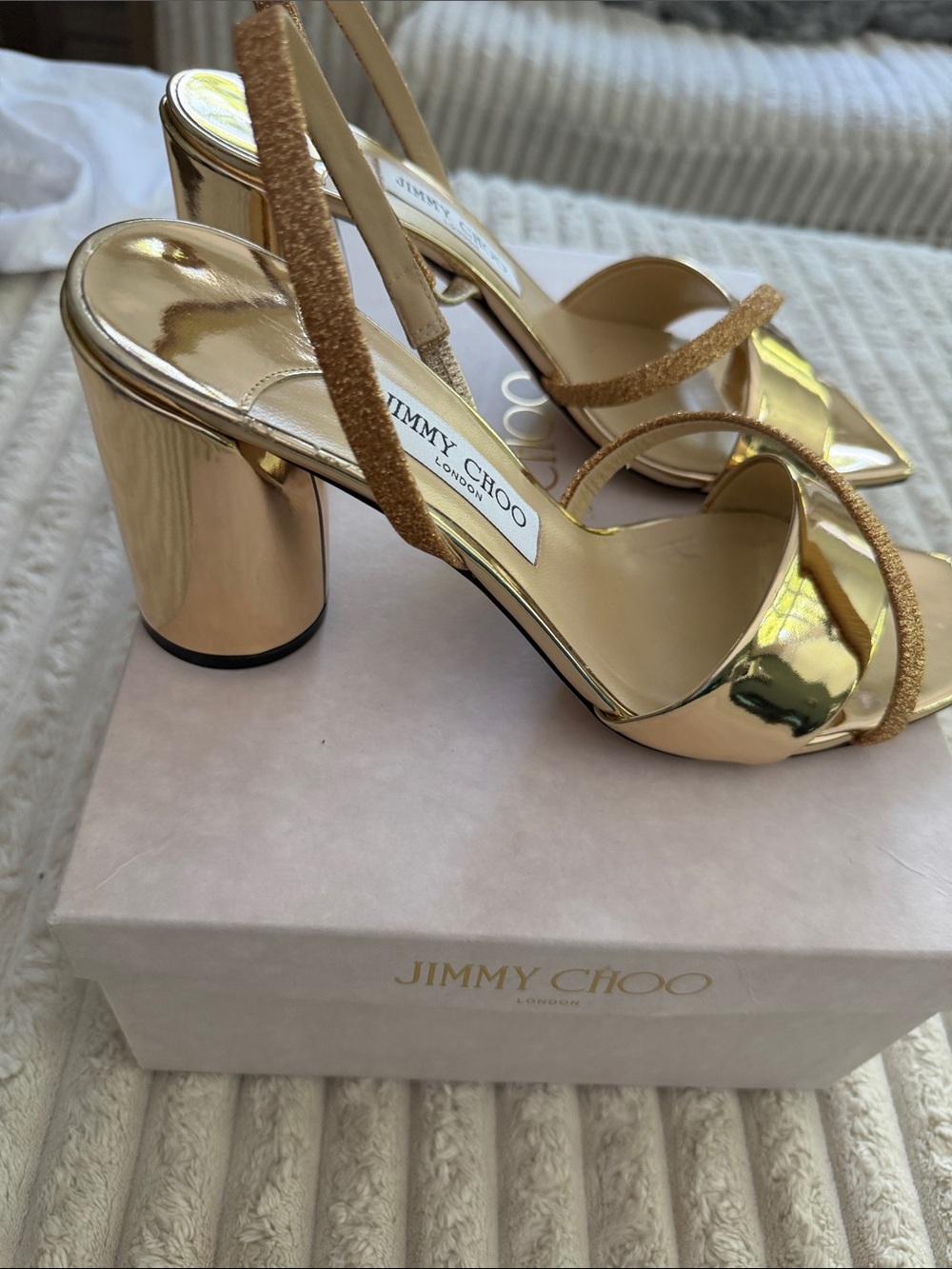 Jimmy Choo Gold Mirror Metallic Heel Sandals with Glitter Strap - Picture 7 of 7